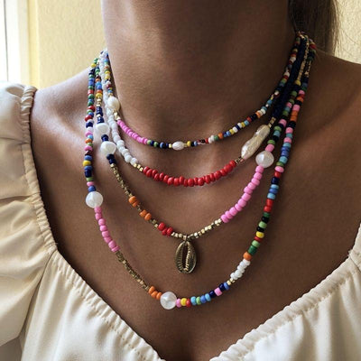 Multilayer Halskette aus farbigen Perlen - 4 diverse bunte Perlenketten im Set 