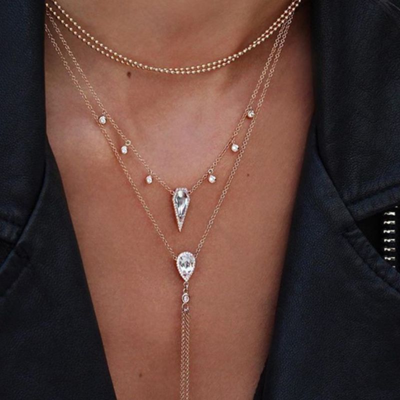 Multilayer Halskette Choker aus feinen Ketten mit Kristallsteinen 