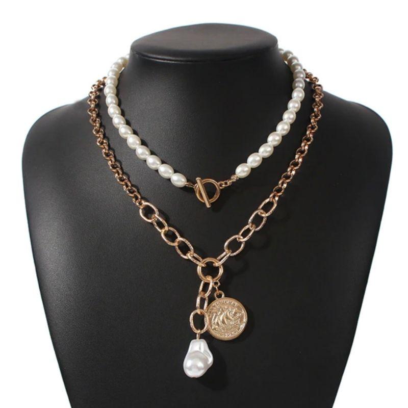 Edle Modeschmuck Halsketten Set aus Perlenkette und goldener Gliederkette online kaufen Schweiz