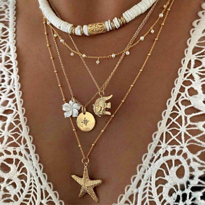 Halsketten Set Multilayer mit Seestern und Elefanten - feine goldene Ketten und weisse Perlenkette Choker