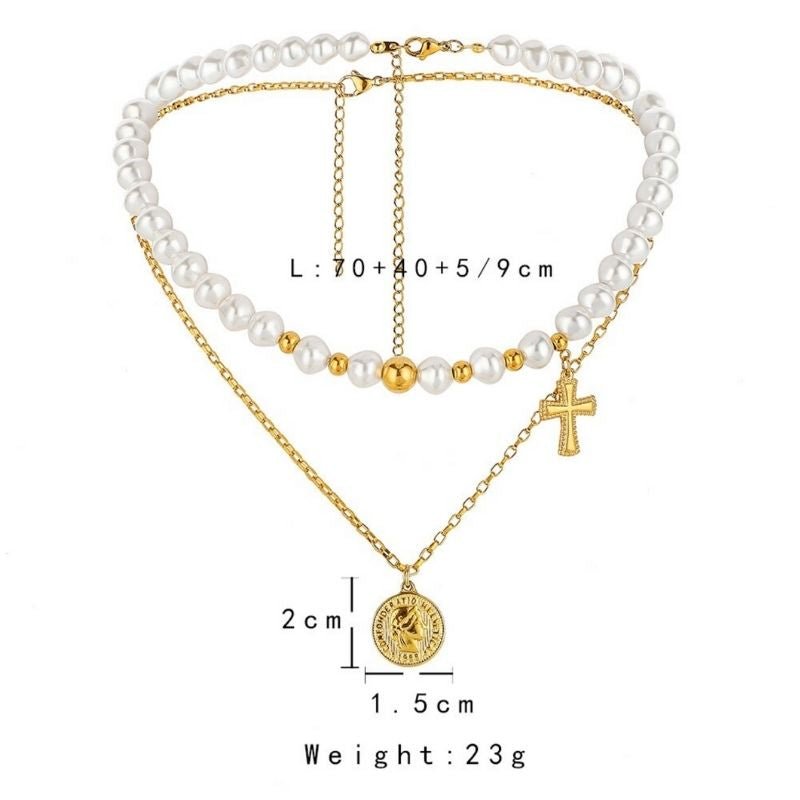 Groessentabelle von Choker Halsketten Set aus Kunstperlen und goldenem Kreuz Anhaenger 