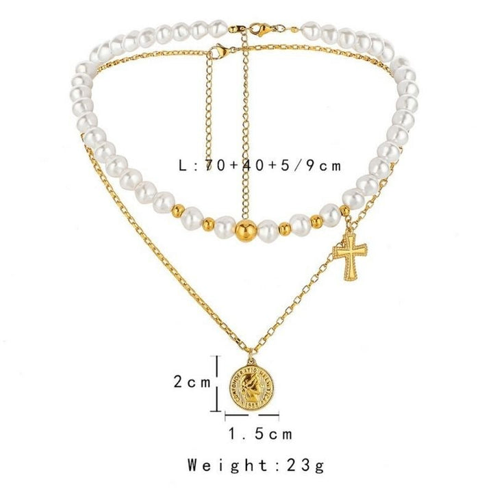 Groessentabelle von Choker Halsketten Set aus Kunstperlen und goldenem Kreuz Anhaenger 