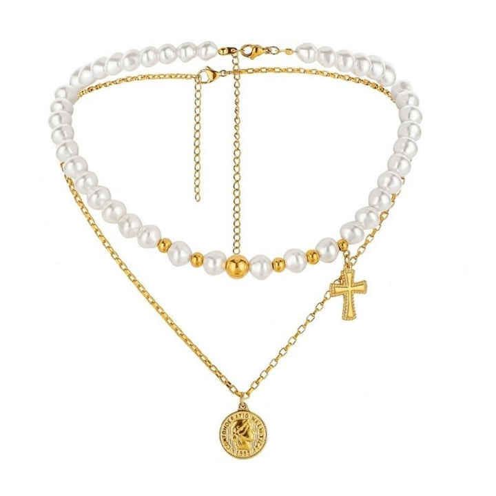 Kunstperlen Modeschmuck Halsketten Set aus Perlen Choker mit goldenem Kreuz Anhaenger 