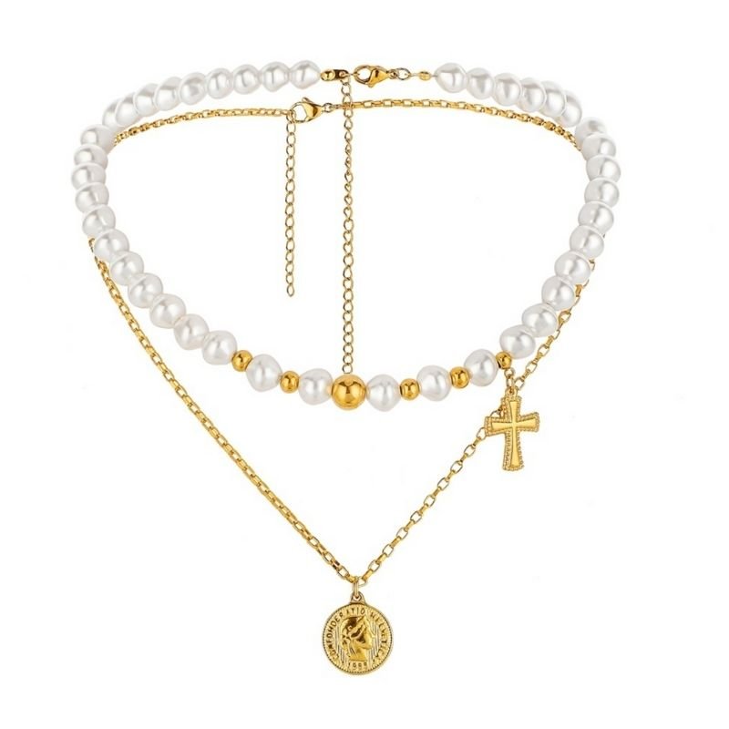 Kunstperlen Modeschmuck Halsketten Set aus Perlen Choker mit goldenem Kreuz Anhaenger 