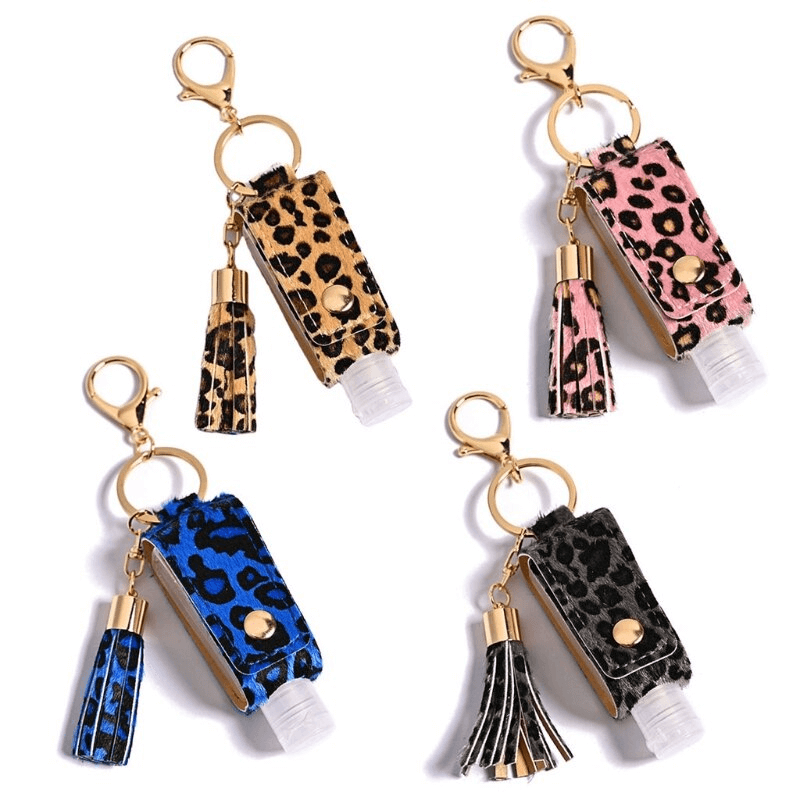 Hand Desinfektionsmittel Spender aus Kunst Leder mit Leopard Muster und Fransen