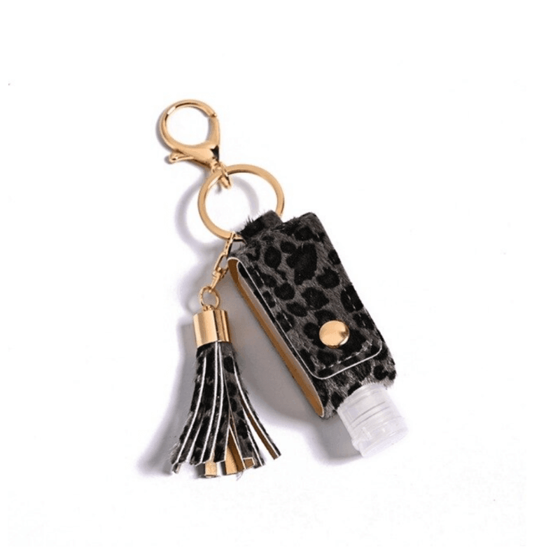 schwarzer Hand Desinfektionsspender mit Leopard Muster - Anhänger für Handtasche und Schlüsselbund