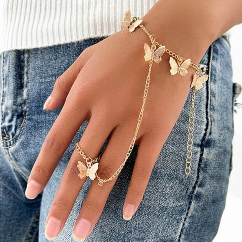 Handkette Armband Armkette feine goldene Kette mit Schmetterling Symbolen
