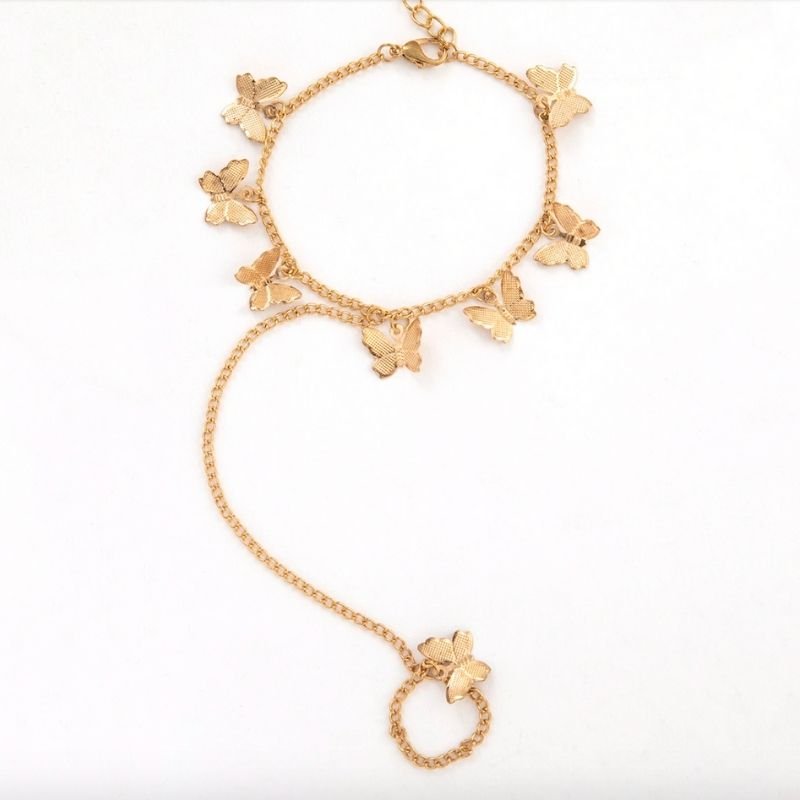 Goldene feine Armkette mit Fingerring und Kette fuer ueber das Handgelenk - Modeschmuck Schmetterling Kette Damen