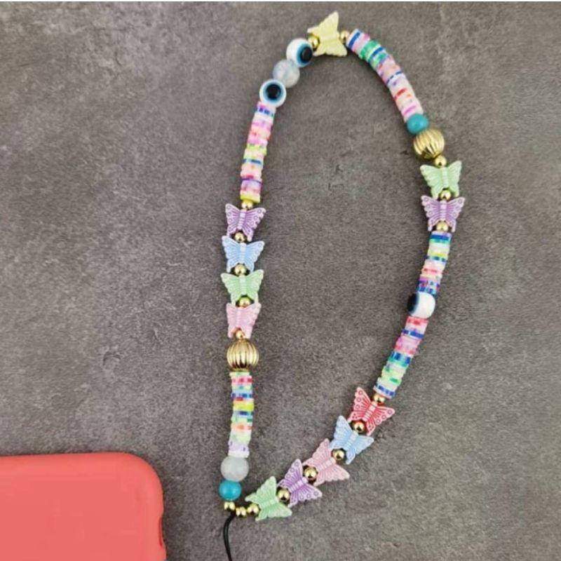 Schmetterling Handykette in Pastellfarben und mit Schmetterlingen und Fatima Auge - Perlenkette Smartphone Cover