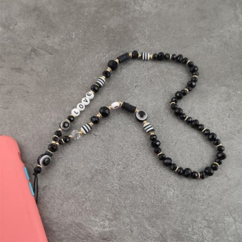 schwarze Perlen Handykette aus Steinperlen mit Love Buchstaben Perlen - Smartphone Accessoires online kaufen