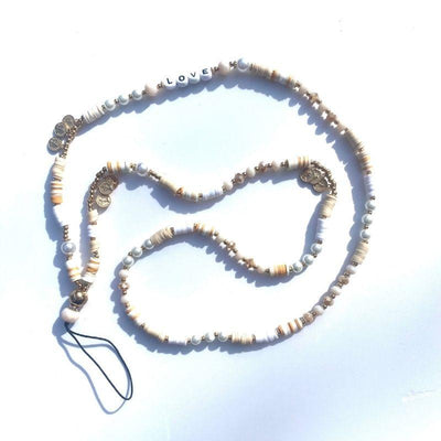 Weiss Beige Goldene Boho Handykette Smartphone Schmuck Perlenkette mit LOVE Buchstaben