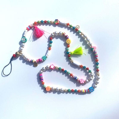 Farbige Bunte Handykette mit Pompoms und Frucht Symbolen