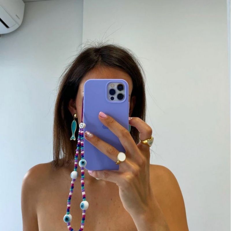Handykette Perlenkette aus bunten Perlen in violett, pink und weiss