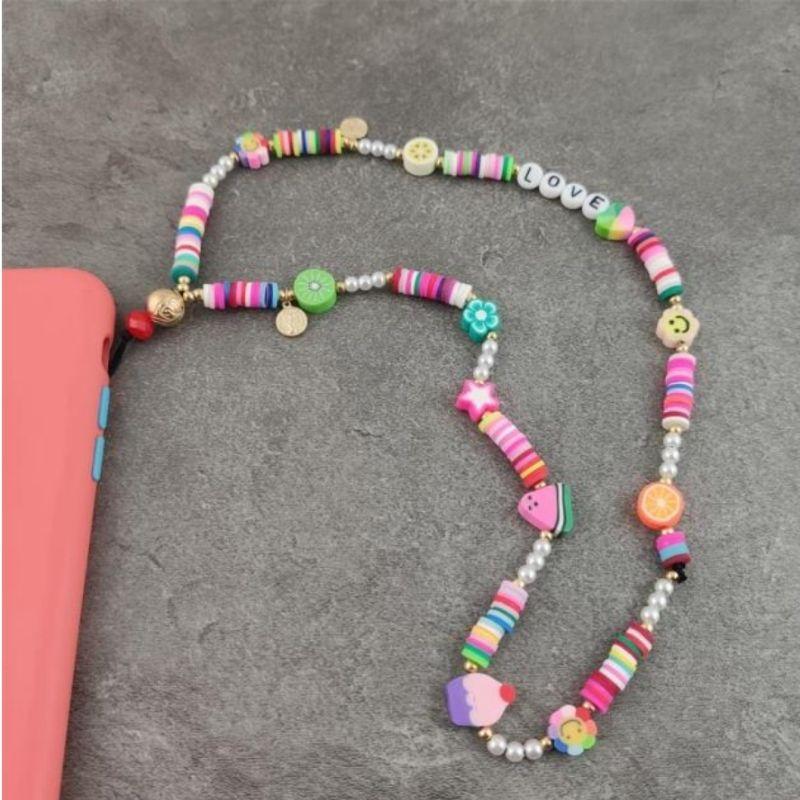 Farbige lange Handykette aus Perlen, Fruechten, Smileys und Stern Symbolen - Perlenkette fuer Smartphone Case Huelle 