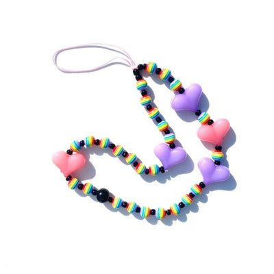 Farbige Handykette aus bunten Perlen in Peace Farben und Violette und Rosa Herz Symbolen
