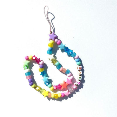 Farbige Handykette mit Sternen und Herz Symbolen und Love Buchstaben 