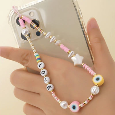 Love Sterne Handykette aus rosa und weissen Perlen gemischt mit goldenen Perlen - Love Buchstaben Handyketten kaufen