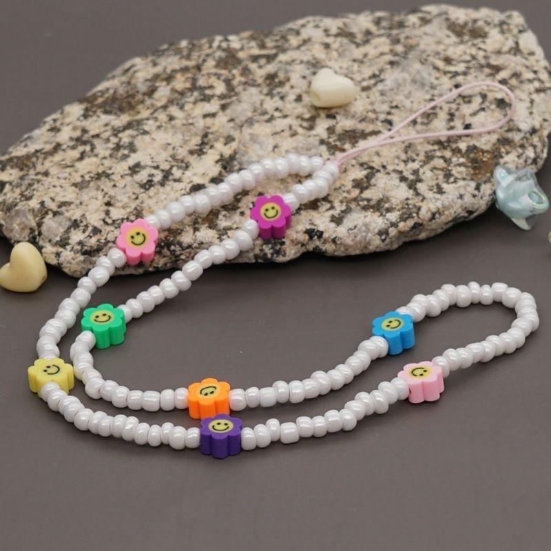 Weisse Handykette Perlenkette mit bunten Blumen die lachen - Happy Smiley Blumen Perlenkette online kaufen