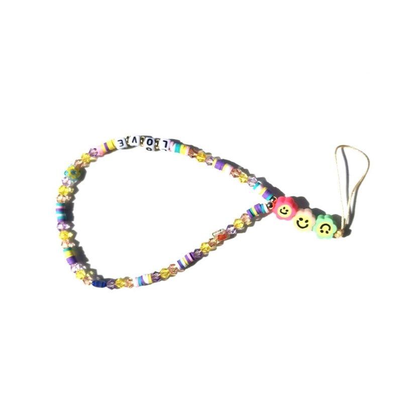 Farbige Handykette Smartphone Cover Accessoire Perlenkette mit Blumen Smileys und Love Buchstaben