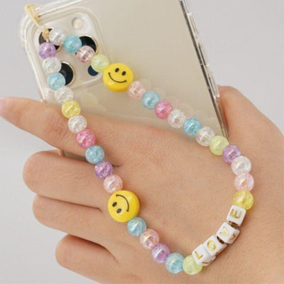 Farbige Smiley Handykette aus bunten Pastell Farben Perlen - Love Buchstaben Perlenkette Smartphone Accessoire Schweiz Just Style
