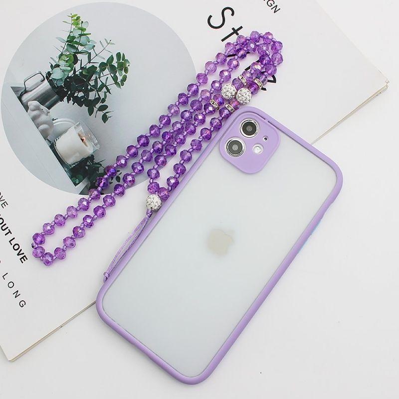 Violette Handykette mit Glitzerperlen und Kristallperlen in violett