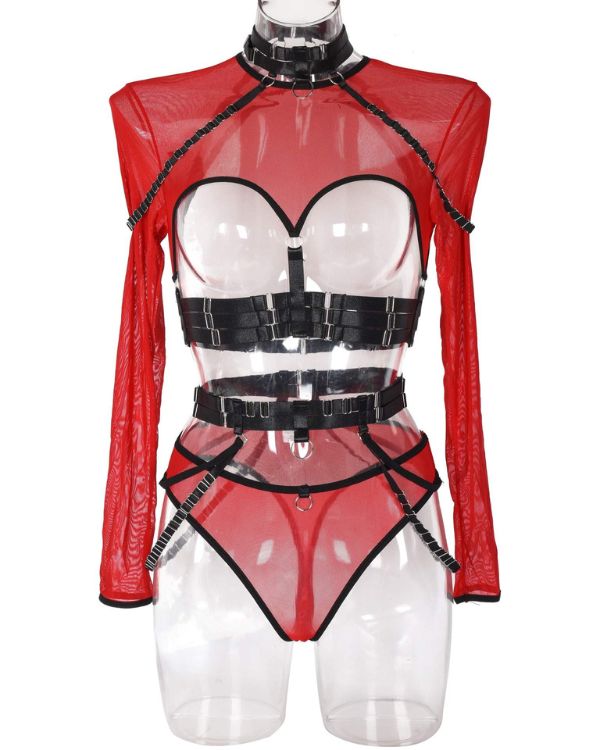 rotes sexy BDSM Set Kleidung - Dessous Kleidung Fetisch - Mesh Shirt, Choker, Riemengurt 