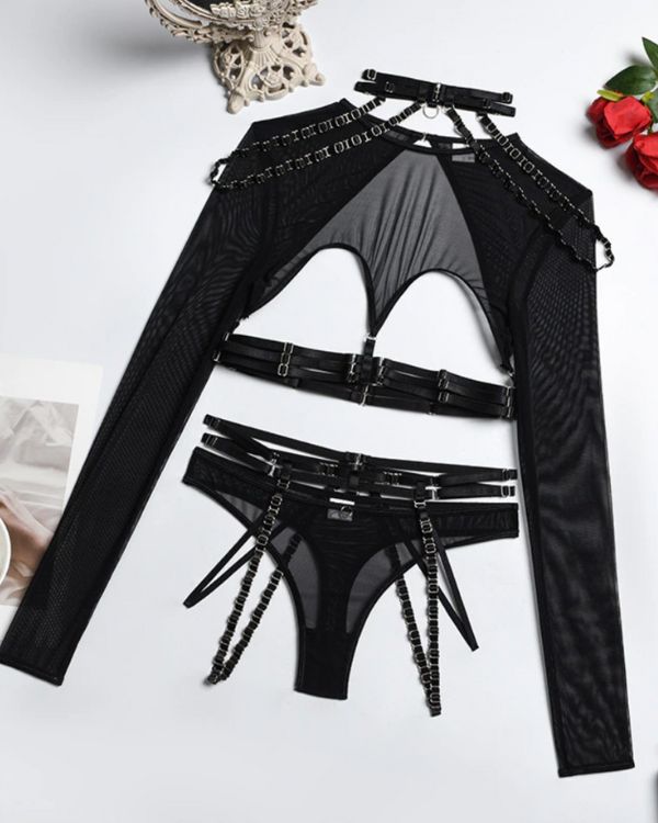 Schwarzes Mesh Harness Fetisch Set mit offener Brust