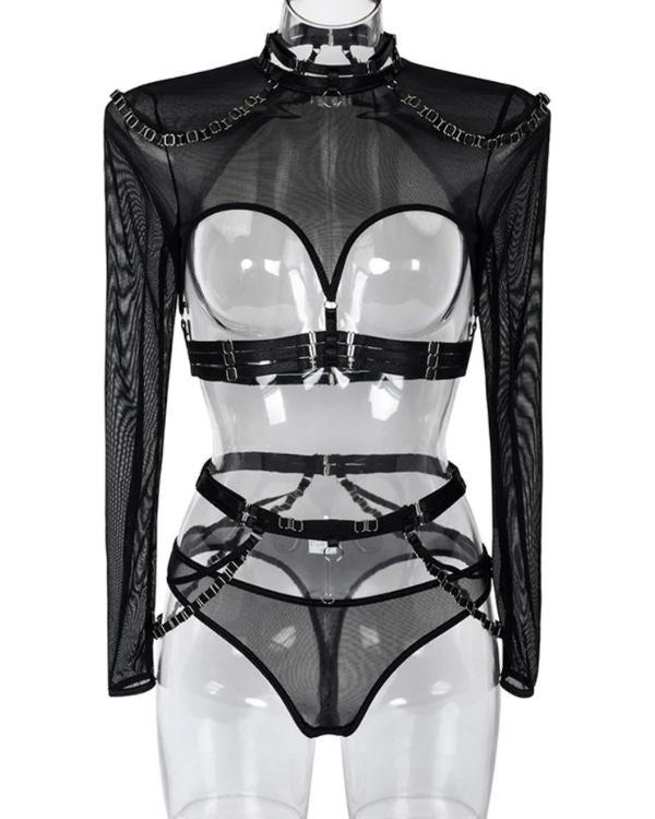 Mesh Fetisch Harness Set mit Choker Halskette und String