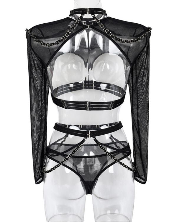 Schwarzes Mesh Set aus Oberteil mit offener Brust und String Tanga mit Baendern