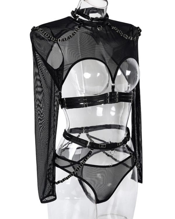 Zweiteiler Mesh Harness Bodyset mit Choker und Traegern