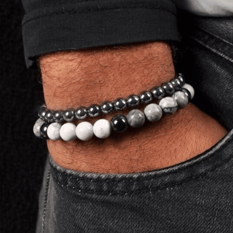 Herren Armband aus Naturstein Perlen - Grau, weiss und schwarze Steinperlen Armband für Männer