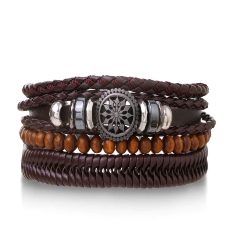 Braunes Herren Armband Set aus 4 diversen Armketten aus Kunstleder im Zopfmuster, Holzperlen und Kunstlederband