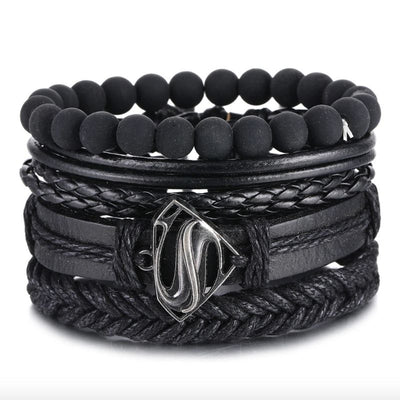 Schwarzes Armband Set aus 4 diversen Armketten und Zopfmuster und Perlenketten 