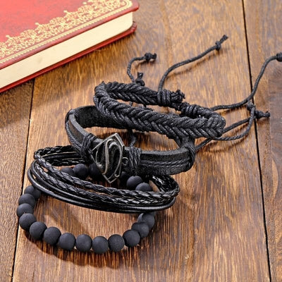 Herren Armband Set aus 4 diversen Armketten Kunstleder Zopfmuster Armband und Perlenkette 