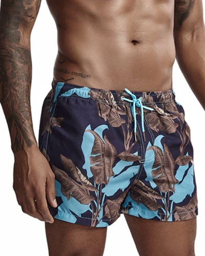 Fashion Badeshorts blau-braun mit Palmen Motiven - Stylische Herren Badehosen