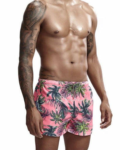 Pinke Herren Badehosen mit Palmen Motiven - Elastischer Bund - Badeshorts Männer