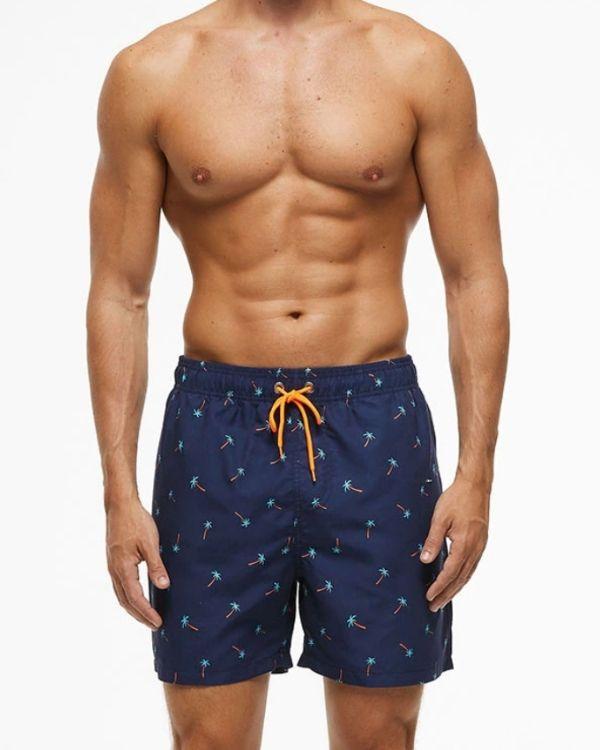 Blaue Herren Badehosen mit Palmen Symbolen - Quick Dry Badeshorts im Schweizer Shop