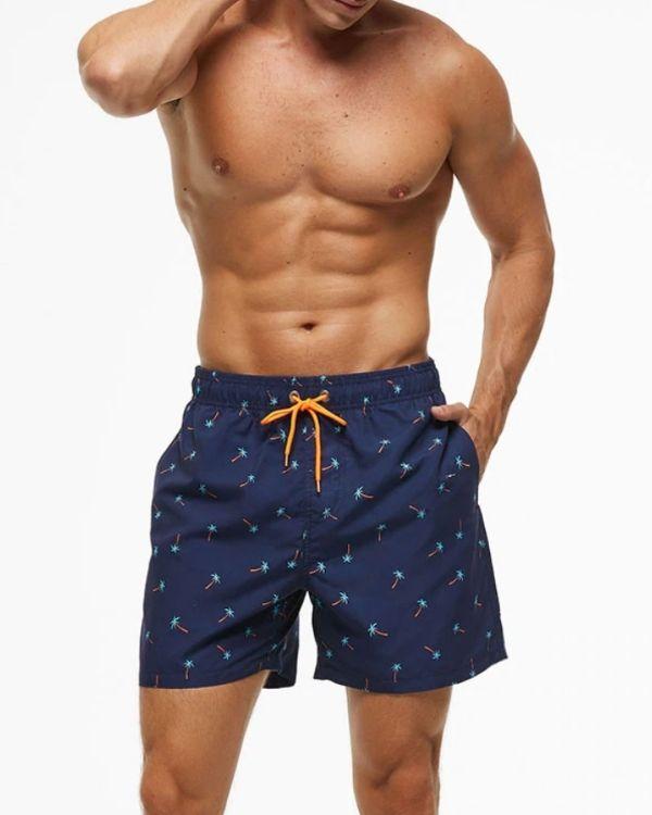 Dunkelblaue Badehosen Herren Badeshorts mit Palmen Symbolen - Sommer Badehosen Herren kaufen