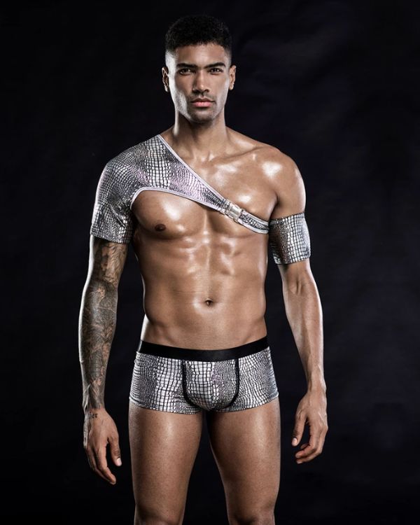 Silber Herren Erotisch Dessous Set mit Unterwaesche Boxer und asymmetrischem Top