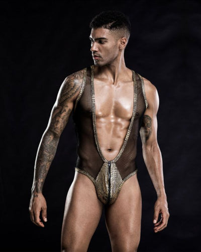 Erotischer Herren Einteiler aus transparentem Mesh Stoff mit goldenen Details 