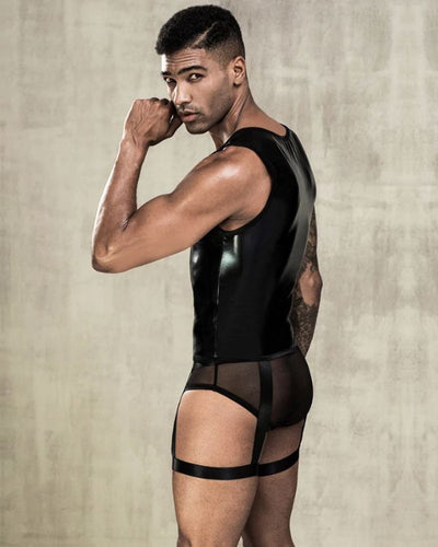 Sexy Herren Latex Dessous Set aus aermellosem Top und Unterhosen Boxer mit Harness Oberschenkel