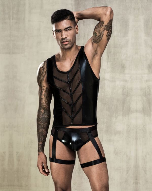 Erotisches transparentes Herren Dessous Fetisch BDSM Set aus Mesh Top und Boxer Unterhose mit Harness