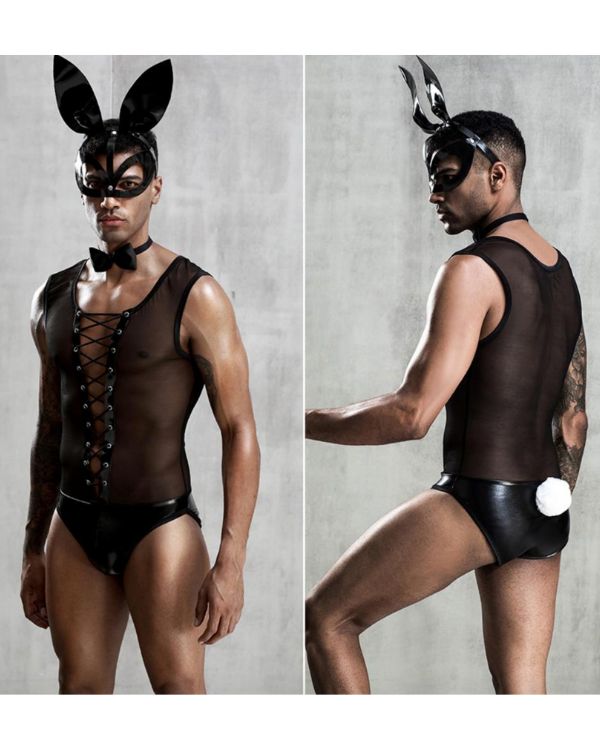 Schwarzes Herren Bodysuit Einteiler Hasen Kostuem - Fetisch BDSM Dessous Herren 