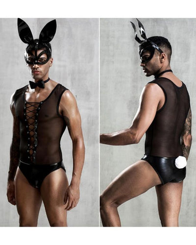 Schwarzes Herren Bodysuit Einteiler Hasen Kostuem - Fetisch BDSM Dessous Herren 