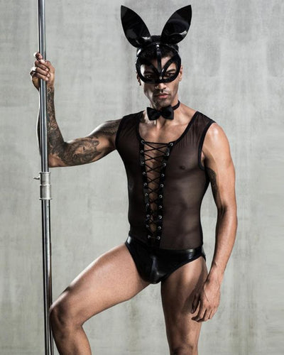 Erotisches sexy Herren Hasen Kostuem Bodysuit Einteiler aus Mesh Stoff und Schnuerrung 