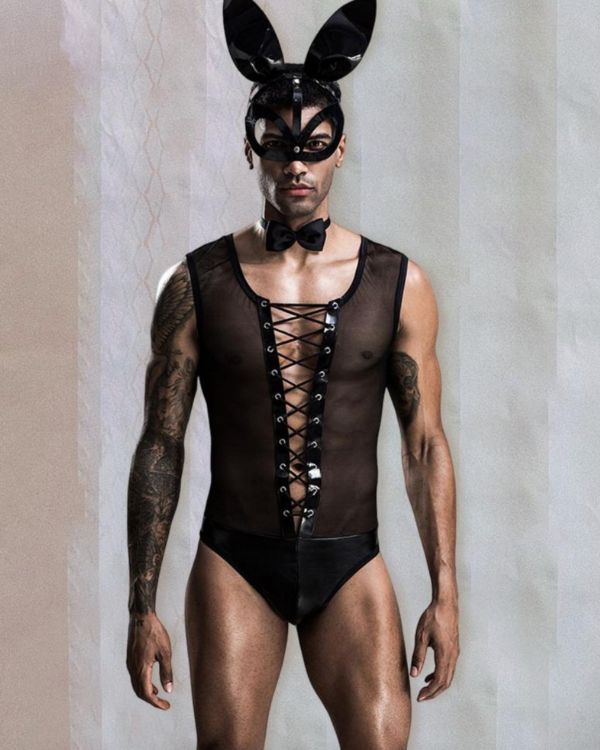 Erotisches Herren Dessous Set im Bunny Hase Look - Hasenohren Fetisch Maske und Einteiler