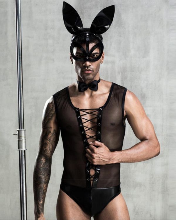 Herren Hasen Fetisch BDSM Kostuem Dessous Set aus Mesh Top und Hasenohren Maske