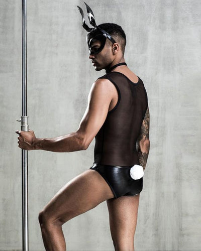 BDSM Fetisch Herren Kostuem Bodysuit Einteiler mit Hasenohren Maske und Lack Boxer