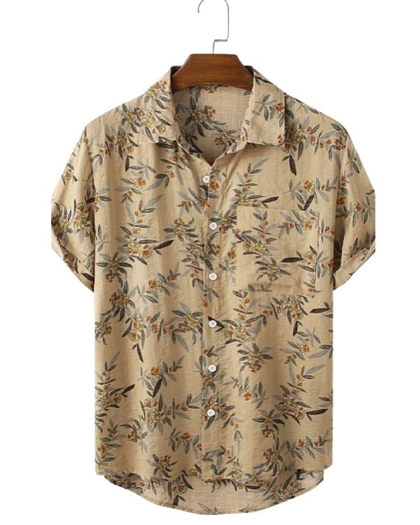 Herren Kurzarm Bluse in beige mit Pflanzen Blumen Prints - Boho Vintage Retro Herren Kleidung Schweiz