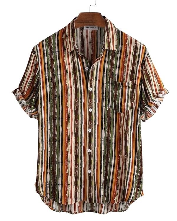 Sommer Vintage Style Herren Hemd gestreift in gruen, orange weiss und braun - Retro Boho Style Herren Blusen kaufen